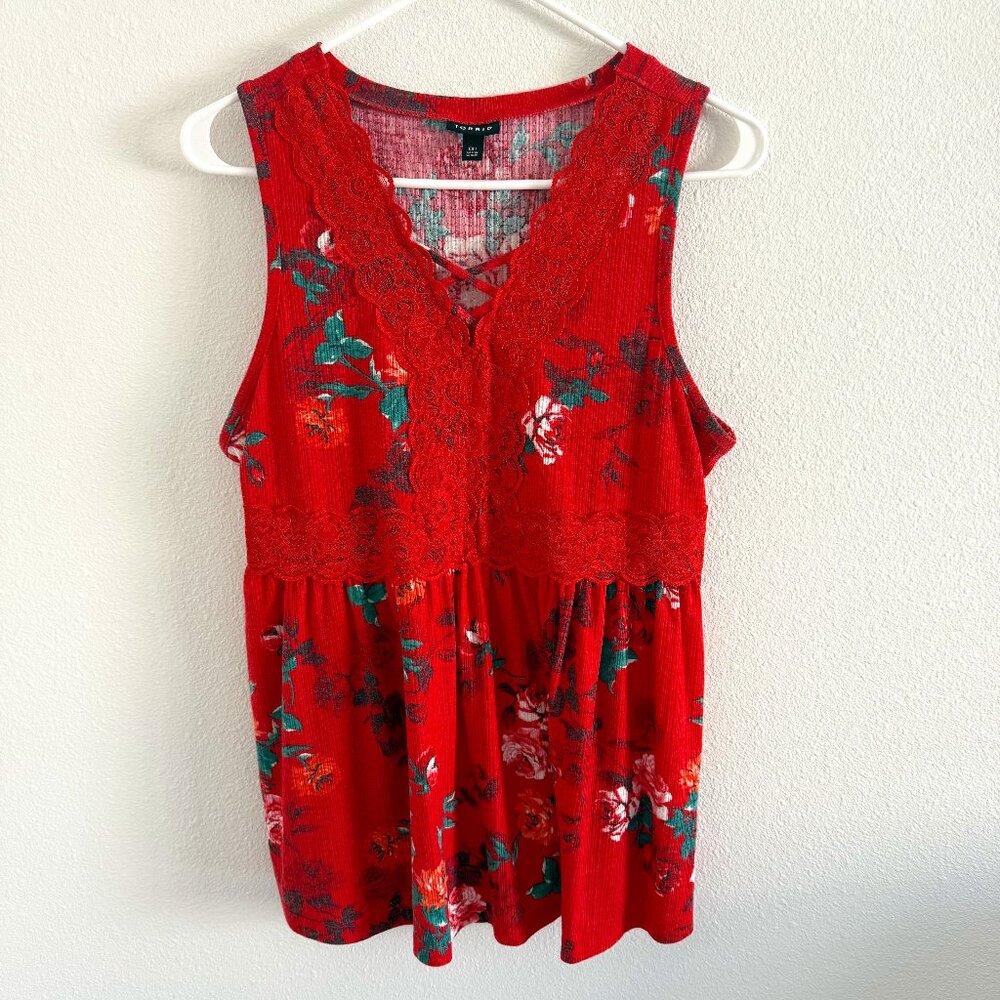 Torrid Red Floral Babydoll Tank with Lace Trim 00